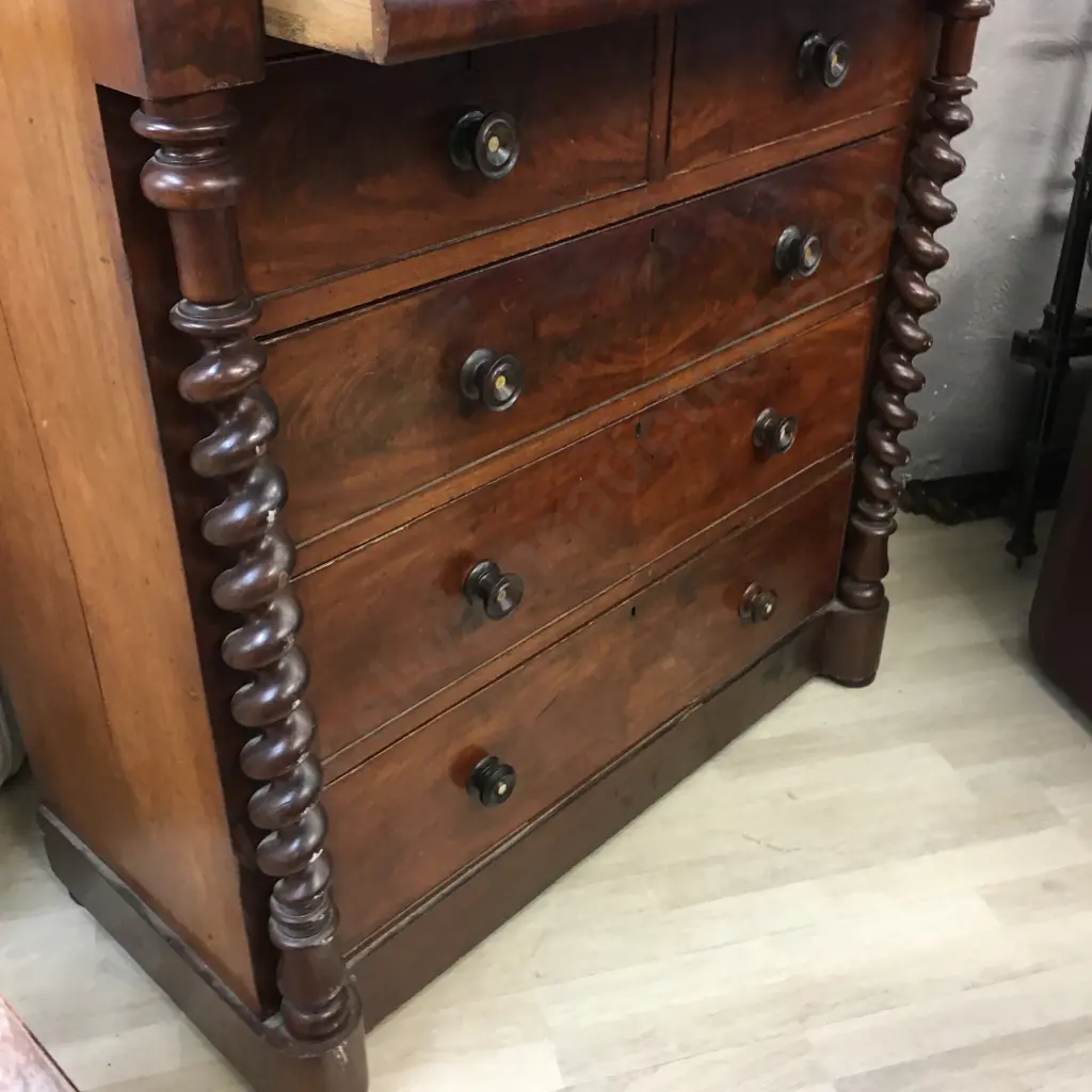 Victorian Mahogany Scotch Chest On Barley Twist Supports, 6 Drawers Including Hidden. H130 W122 D56cm Image 1++