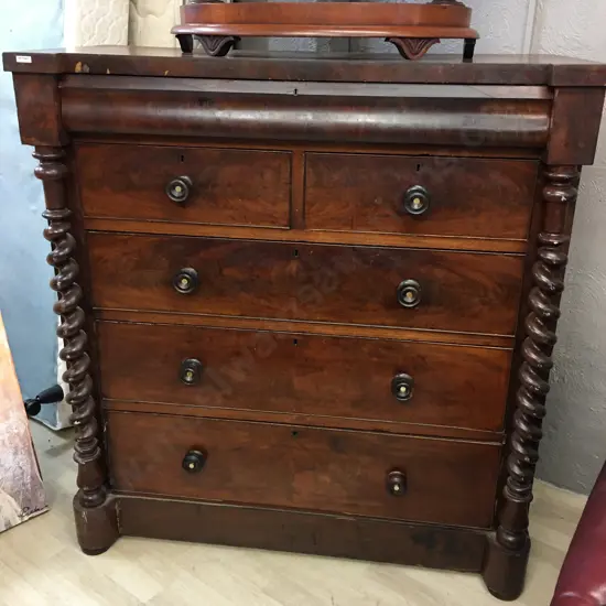 Victorian Mahogany Scotch Chest On Barley Twist Supports, 6 Drawers Including Hidden. H130 W122 D56cm