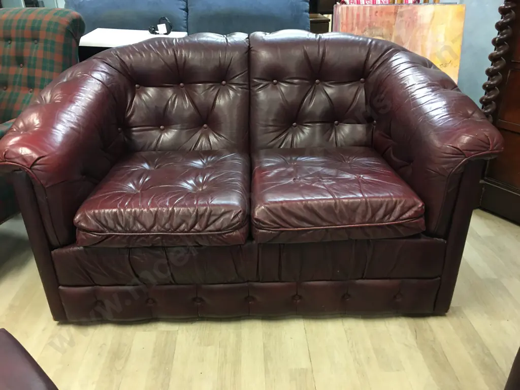 Burgundy Leather Button Back 3 Seater & 2 Seater Couches With Ottoman With Storage Image 1++