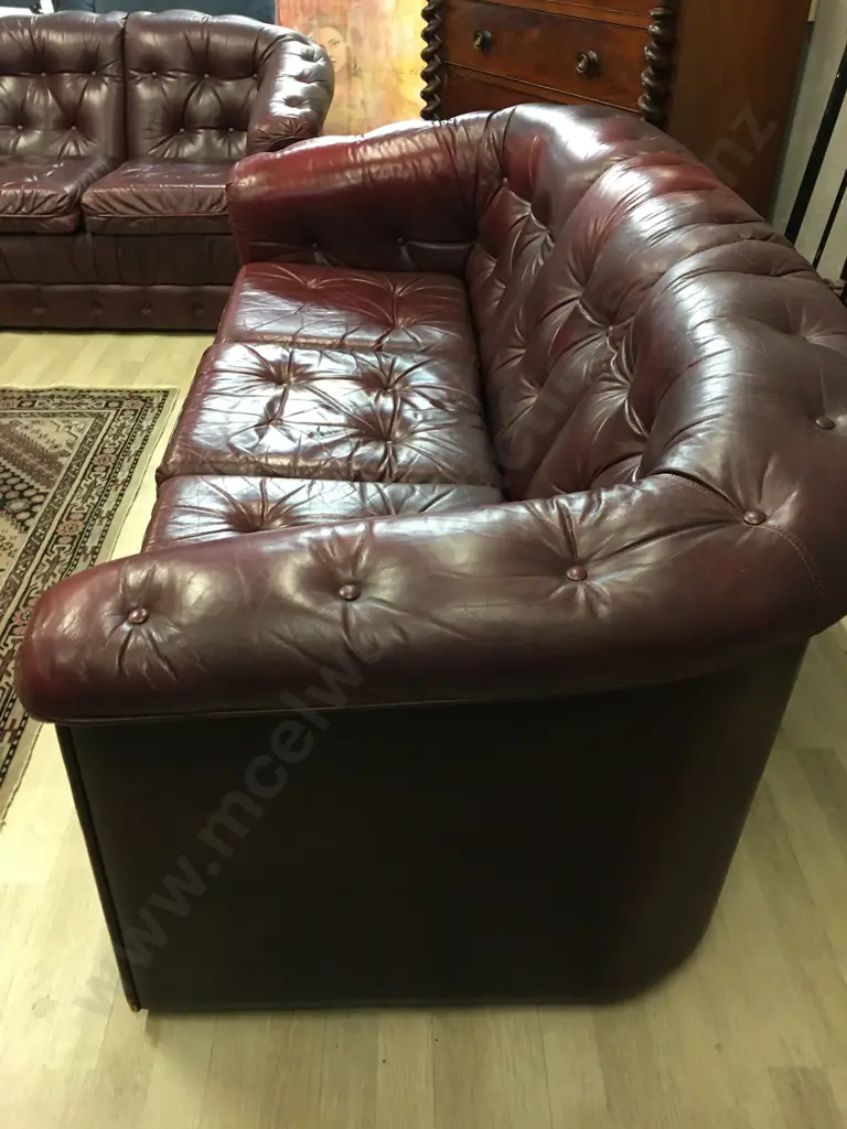 Burgundy Leather Button Back 3 Seater & 2 Seater Couches With Ottoman With Storage Image 1++