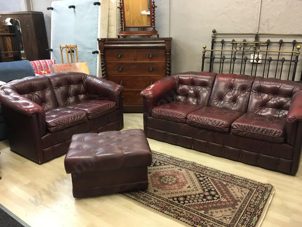 Burgundy Leather Button Back 3 Seater & 2 Seater Couches With Ottoman With Storage Image 1++