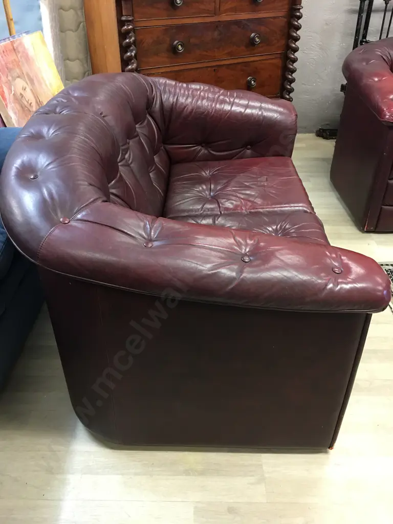Burgundy Leather Button Back 3 Seater & 2 Seater Couches With Ottoman With Storage Image 1++