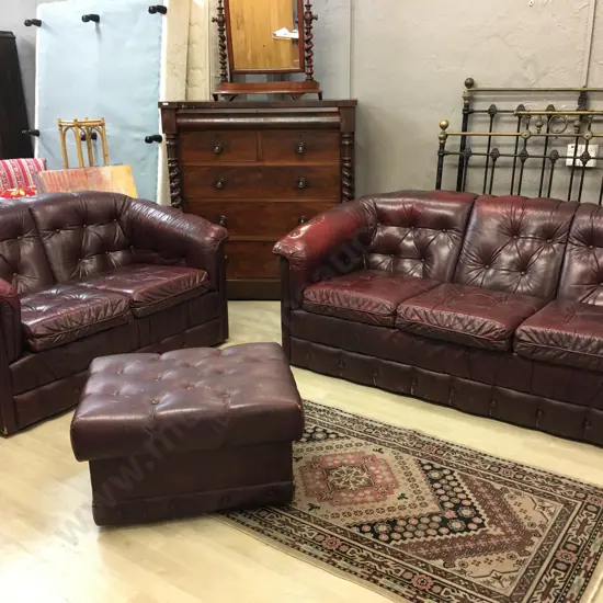 Burgundy Leather Button Back 3 Seater & 2 Seater Couches With Ottoman With Storage
