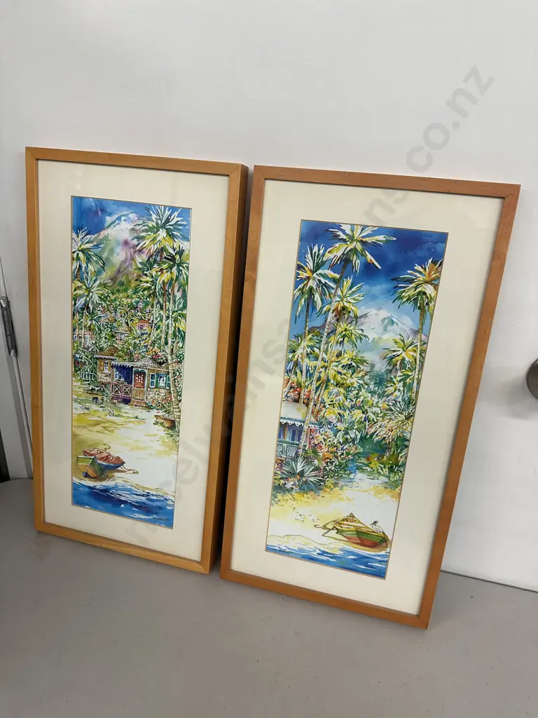 Pair Of Framed Artwork By Gilly Gobinet Titled Antigua H53,W27.5cm. Image 1++