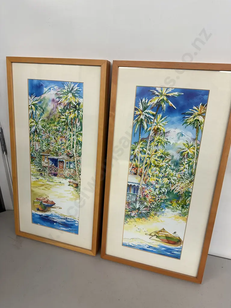 Pair Of Framed Artwork By Gilly Gobinet Titled Antigua H53,W27.5cm. Image 1++