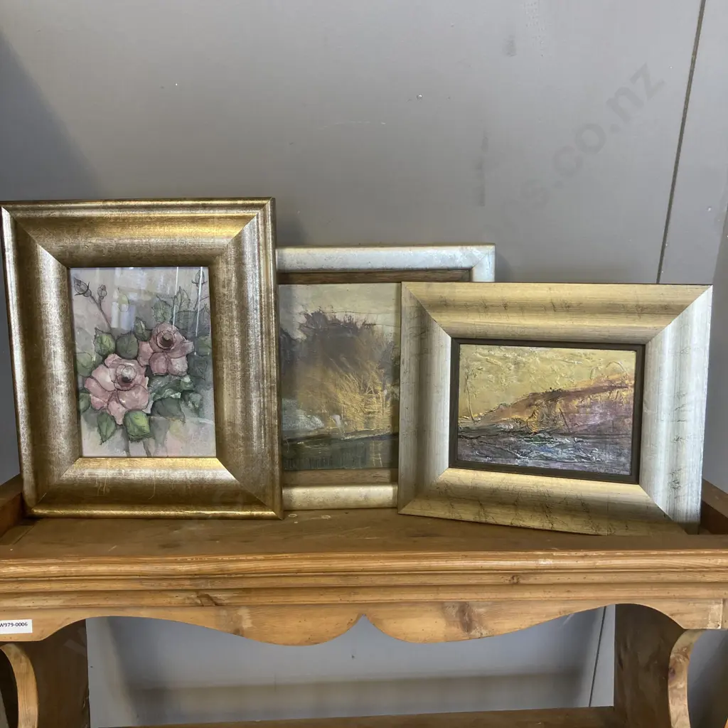 3 x Original Artworks in Brushed Gold Frames. 24 x 29cm, 32 x 27 & 27 x 32cm Image 1++