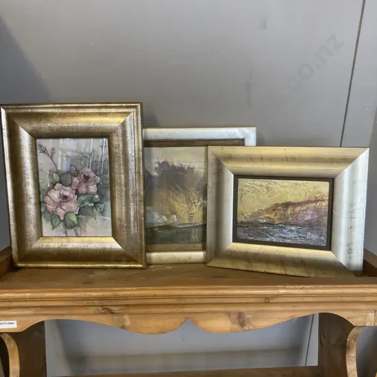 3 x Original Artworks in Brushed Gold Frames. 24 x 29cm, 32 x 27 & 27 x 32cm