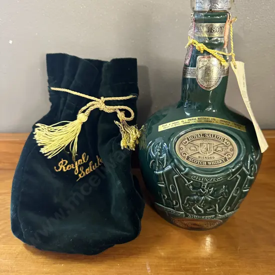 Chivas Royal Salute 21 Year Old Scotch Whisky Empty Bottle, Spode Green Ceramic with Velvet Drawstring Bag & Tag