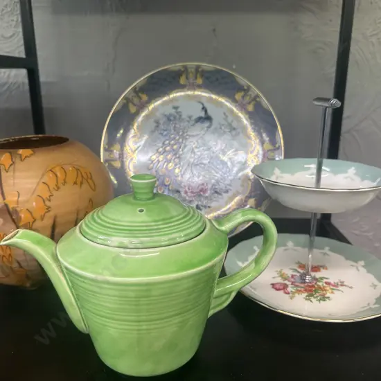 Cake Plate, Teapot, Peacock Plate & Vase