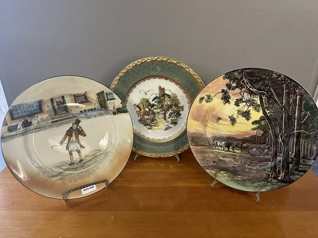 Royal Doulton Plates Dickens Trotty Veck Plate D2973 & Horses And Cart Logging, & Plate With Village Scene & Gilt Detail Image 1++