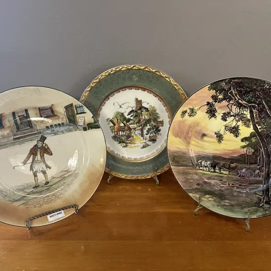 Royal Doulton Plates Dickens Trotty Veck Plate D2973 & Horses And Cart Logging, & Plate With Village Scene & Gilt Detail