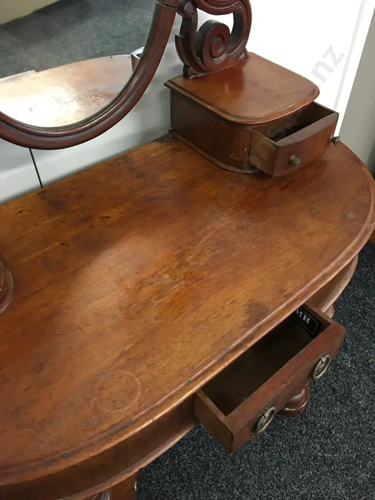 Victorian Antique Dressing Table, 3 Drawers, Oval Mirror, Ornate Detail. H130 W88 D44cm Image 1++