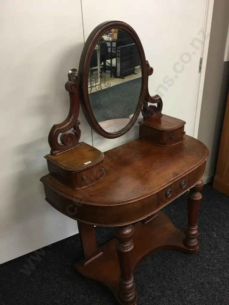 Victorian Antique Dressing Table, 3 Drawers, Oval Mirror, Ornate Detail. H130 W88 D44cm Image 1++