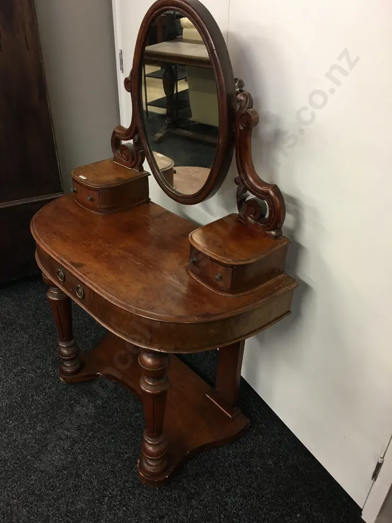 Victorian Antique Dressing Table, 3 Drawers, Oval Mirror, Ornate Detail. H130 W88 D44cm Image 1++