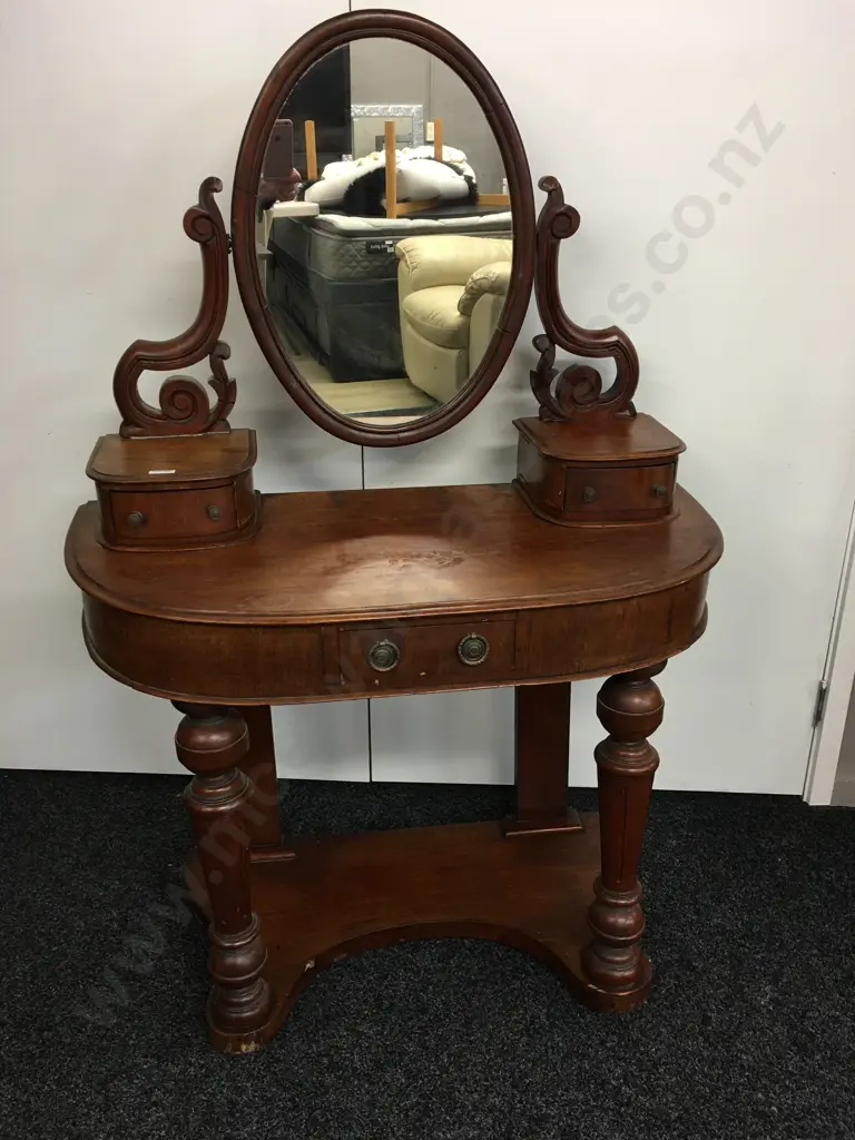 Victorian Antique Dressing Table, 3 Drawers, Oval Mirror, Ornate Detail. H130 W88 D44cm Image 1++
