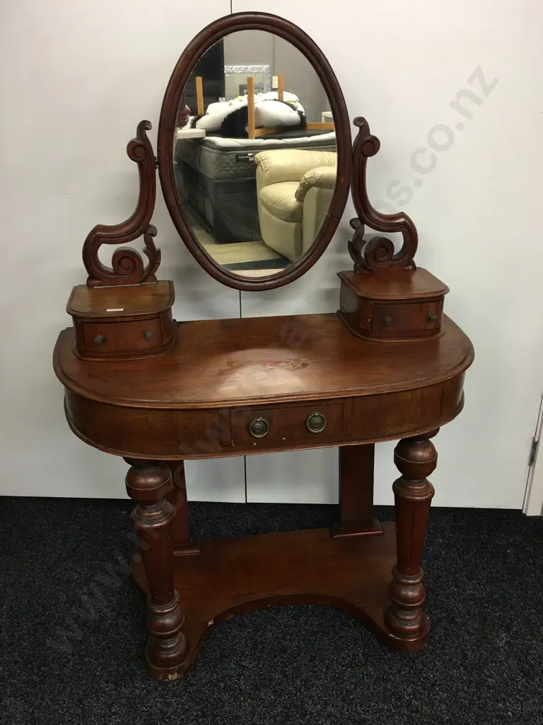 Victorian Antique Dressing Table, 3 Drawers, Oval Mirror, Ornate Detail. H130 W88 D44cm Image 1++