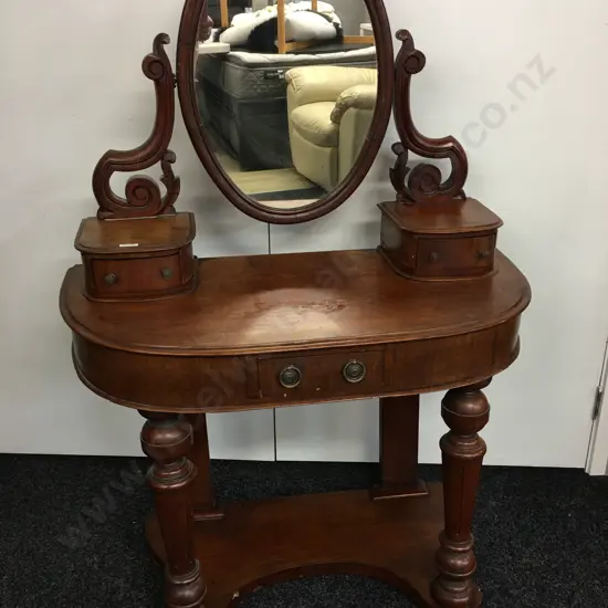 Victorian Antique Dressing Table, 3 Drawers, Oval Mirror, Ornate Detail. H130 W88 D44cm