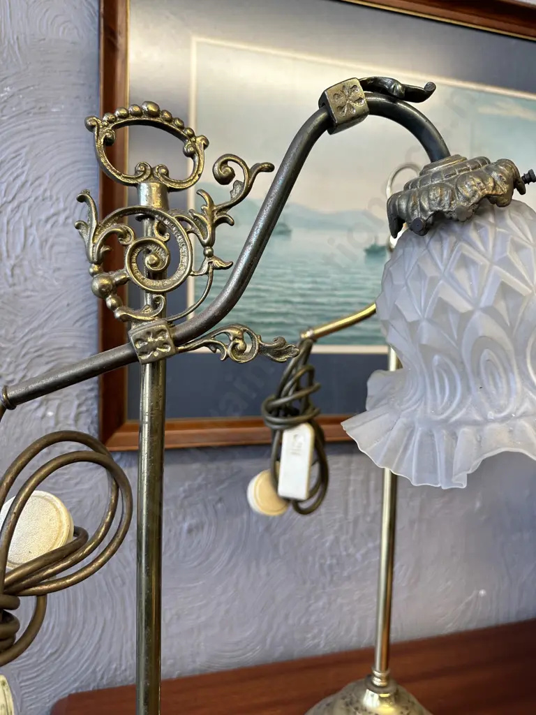 Vintage Brass Table Lamps With Frosted Glass Shades Image 1++