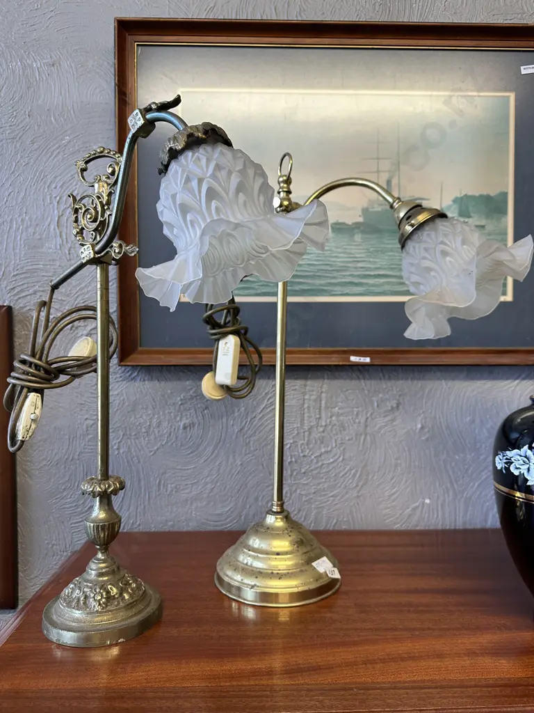 Vintage Brass Table Lamps With Frosted Glass Shades Image 1++