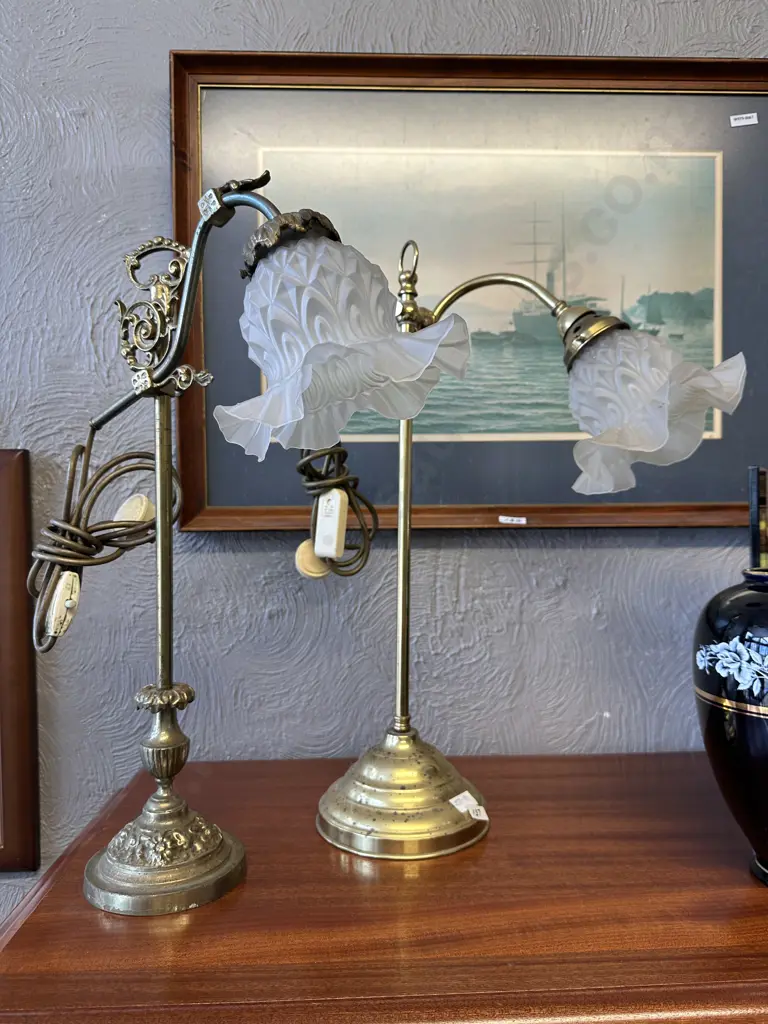 Vintage Brass Table Lamps With Frosted Glass Shades Image 1++