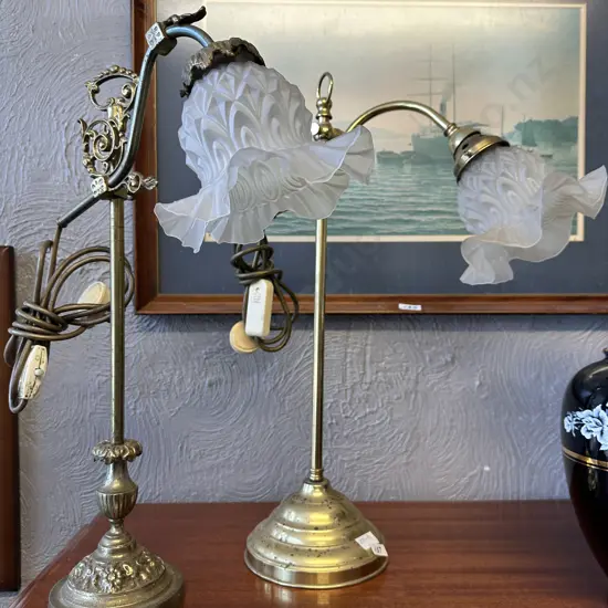 Vintage Brass Table Lamps With Frosted Glass Shades