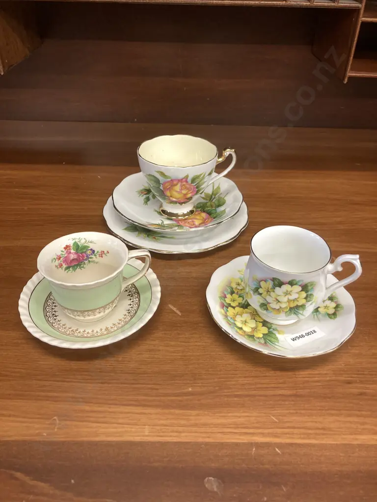 Vintage Roslyn Wheatcroft Roses Peace Trio, Royal Albert Yellow Primrose & Johnson Bros Demitasse Duos Image 1++