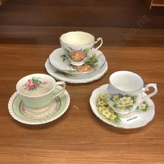 Vintage Roslyn Wheatcroft Roses Peace Trio, Royal Albert Yellow Primrose & Johnson Bros Demitasse Duos
