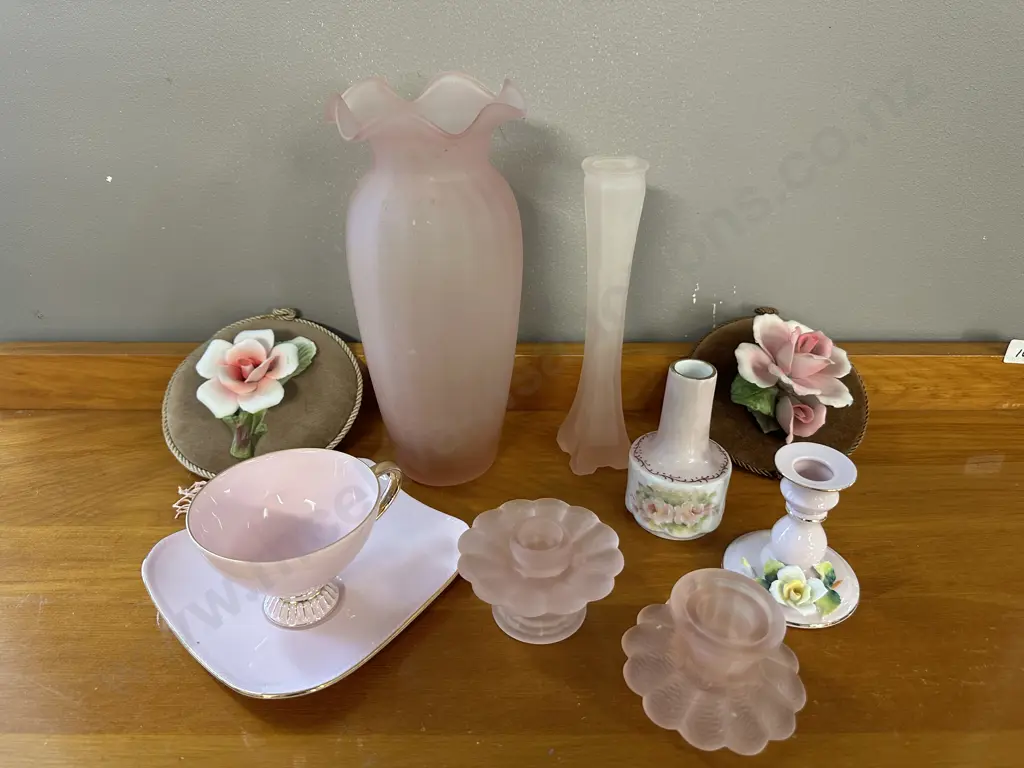 Selection of Pink China & Glass Items & Rose Wall Including Vases, Hangings, Candlestick Holders Image 1++