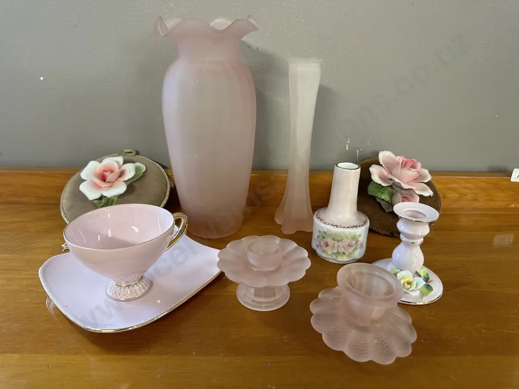 Selection of Pink China & Glass Items & Rose Wall Including Vases, Hangings, Candlestick Holders Image 1++