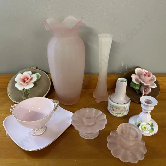 Selection of Pink China & Glass Items & Rose Wall Including Vases, Hangings, Candlestick Holders