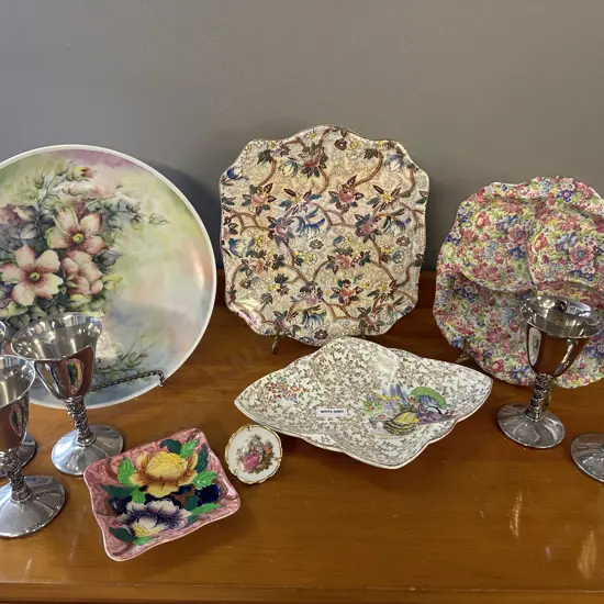 Selection of Platters Etc Includes Grimwades With 5 Silver Plated Goblets