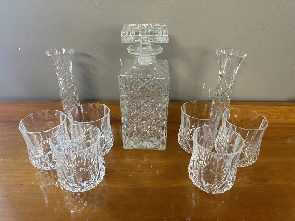 Crystal Decanter With Six Spirit Glasses & Vases x2 Image 1++