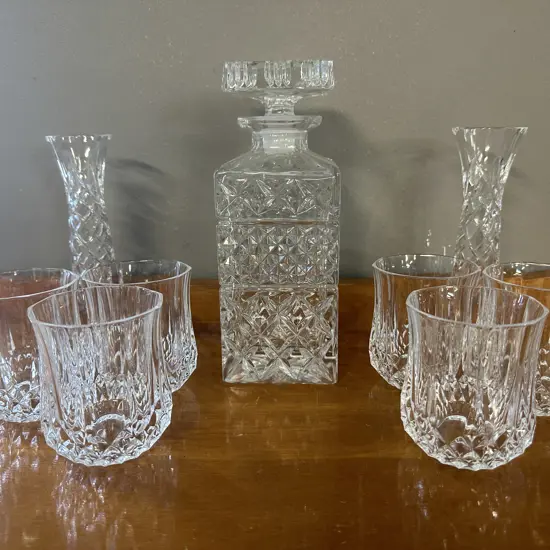 Crystal Decanter With Six Spirit Glasses & Vases x2