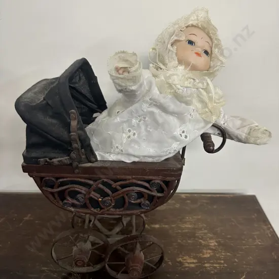 Vintage Dolls Pram & Porcelain Doll
