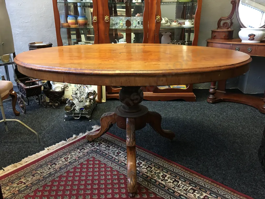 Antique Oak Oval Topped Table With Turned Pedestal Base. H72 W133 D100cm Image 1++