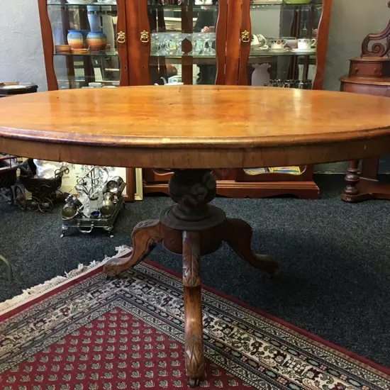 Antique Oak Oval Topped Table With Turned Pedestal Base. H72 W133 D100cm
