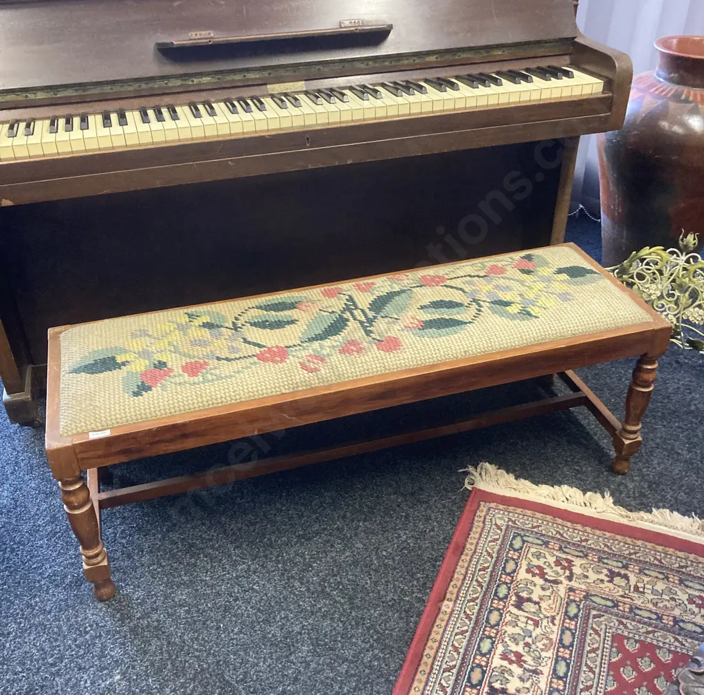 Vintage Mahogany Bedroom Stool With a Wool Tapestry Top. H38 W112 D37cm Image 1++