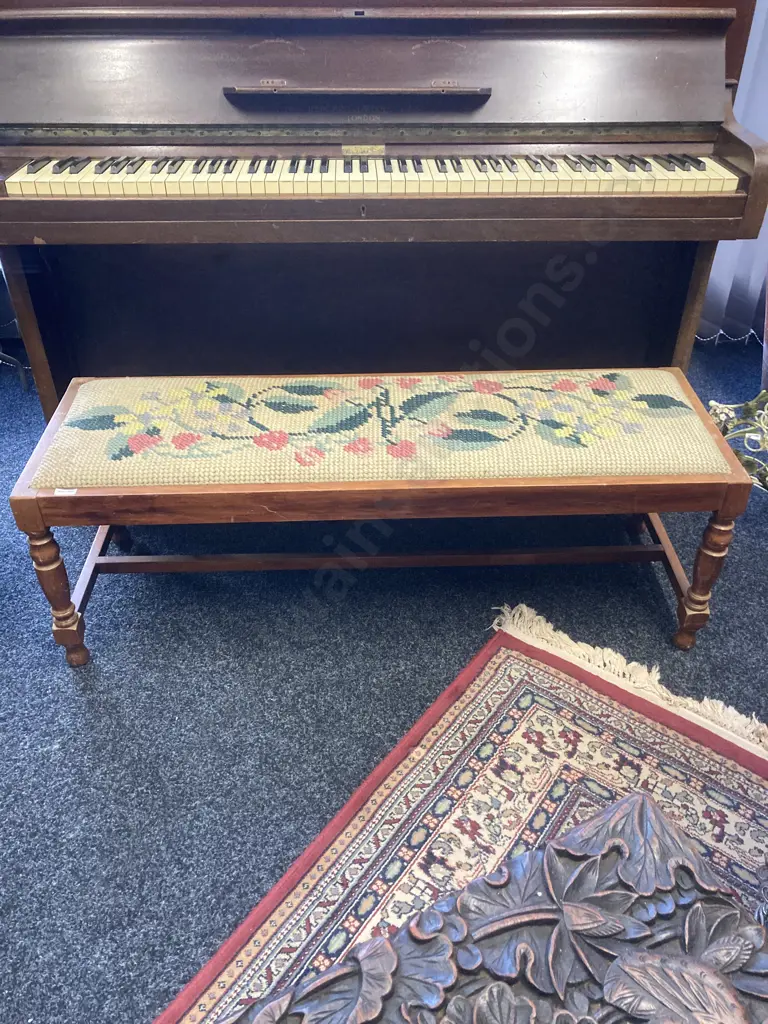 Vintage Mahogany Bedroom Stool With a Wool Tapestry Top. H38 W112 D37cm Image 1++