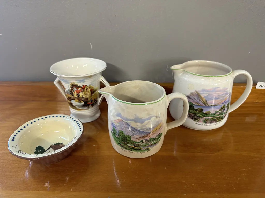 Nelson Ware Jugs, Lancaster Vase & Devon Motto Ware Dish Image 1++
