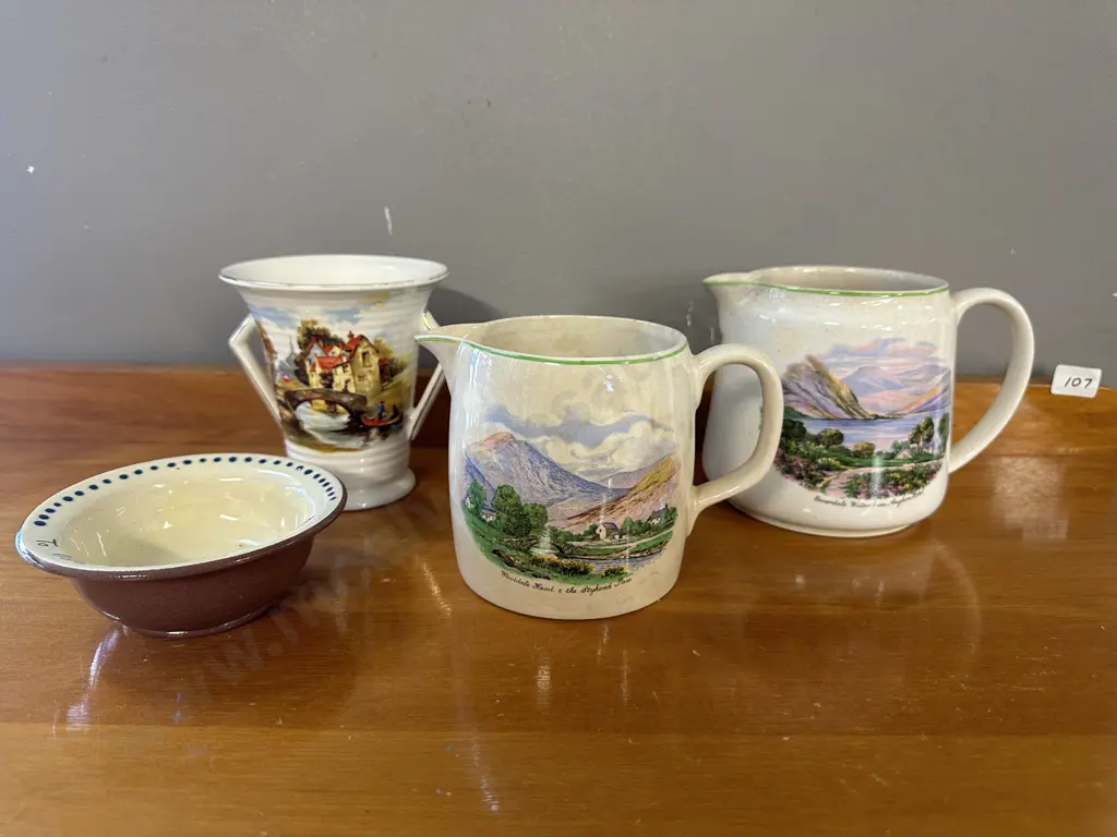 Nelson Ware Jugs, Lancaster Vase & Devon Motto Ware Dish Image 1++