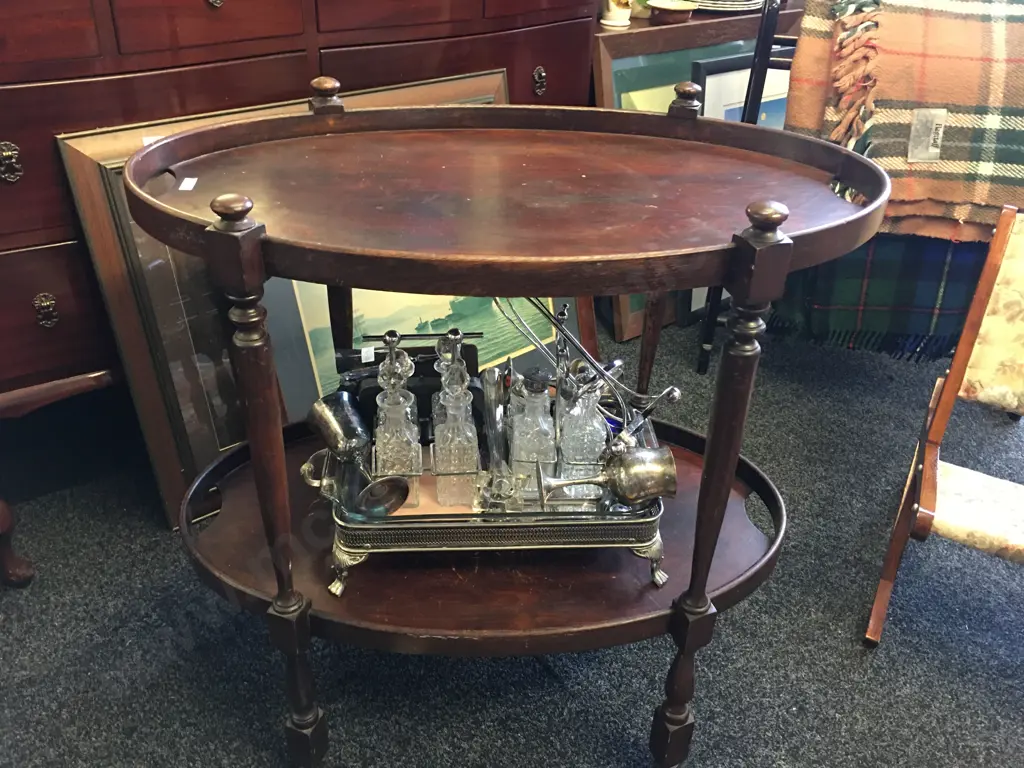 Vintage Oval Wooden 2 Tier Tea Trolley. H73 W73 D45cm Image 1++