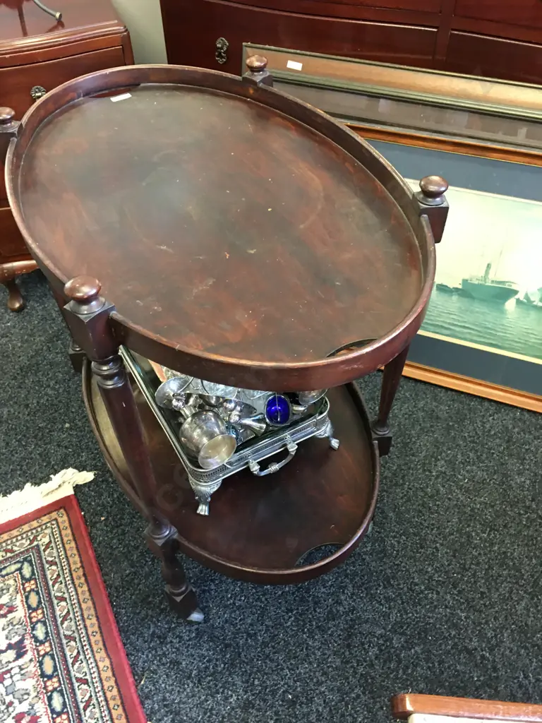 Vintage Oval Wooden 2 Tier Tea Trolley. H73 W73 D45cm Image 1++