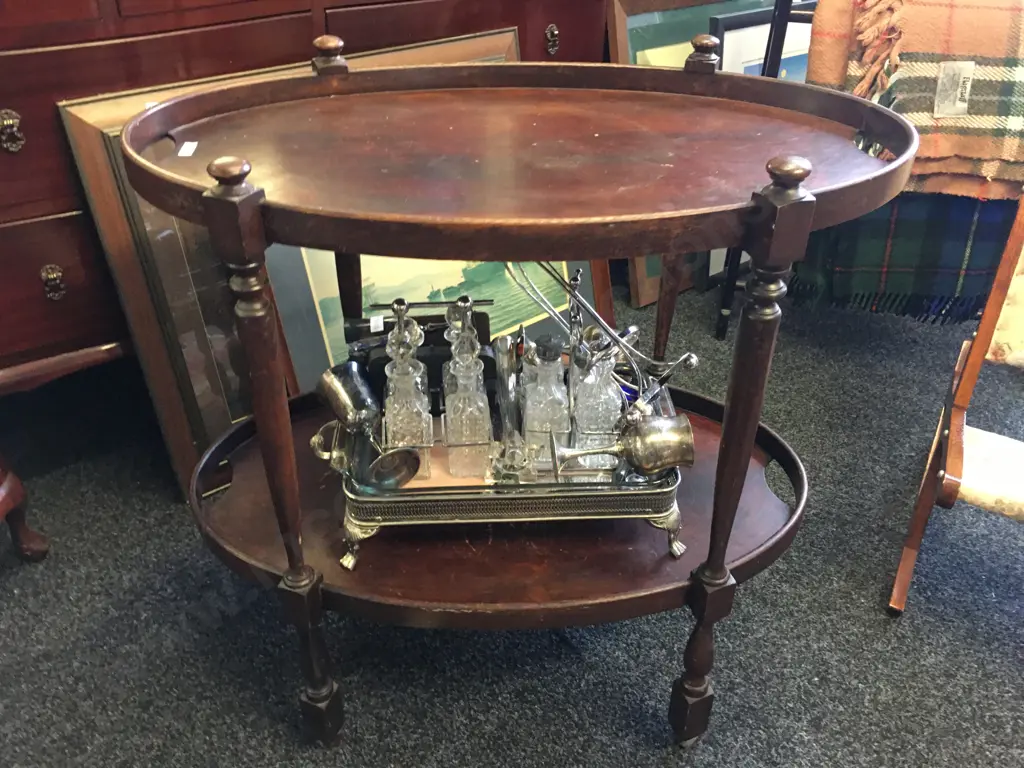 Vintage Oval Wooden 2 Tier Tea Trolley. H73 W73 D45cm Image 1++