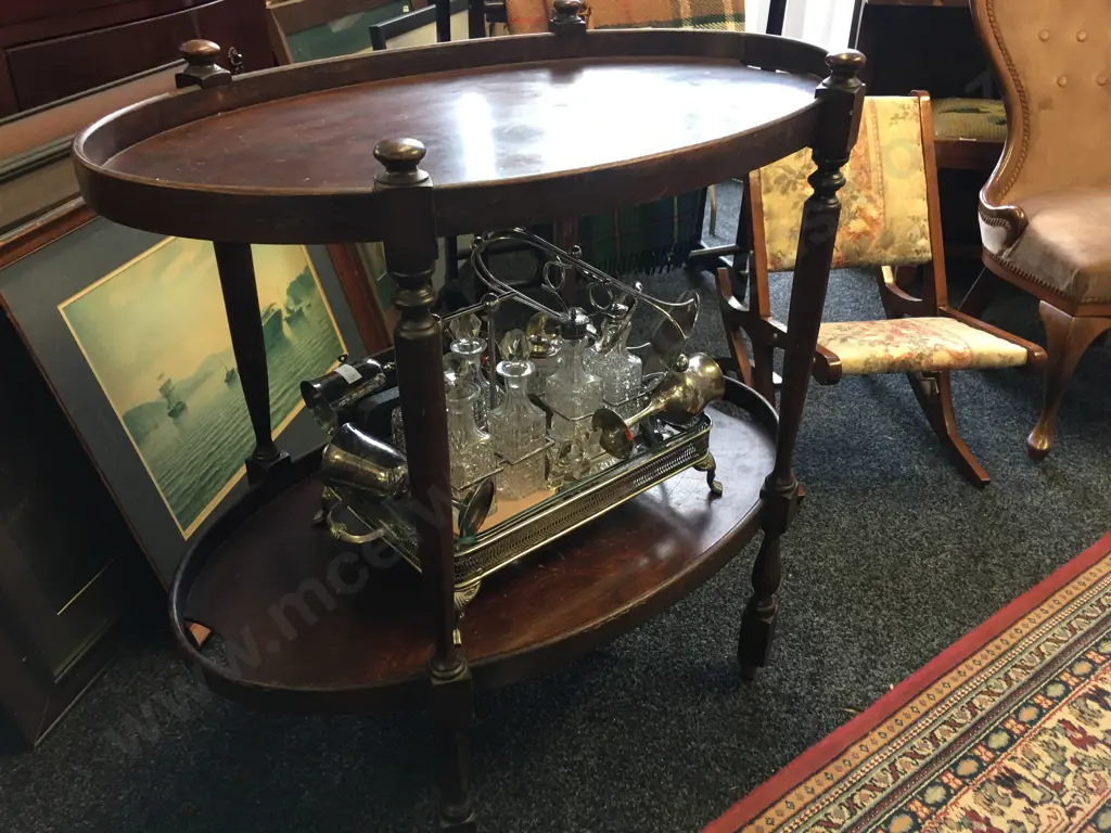 Vintage Oval Wooden 2 Tier Tea Trolley. H73 W73 D45cm Image 1++
