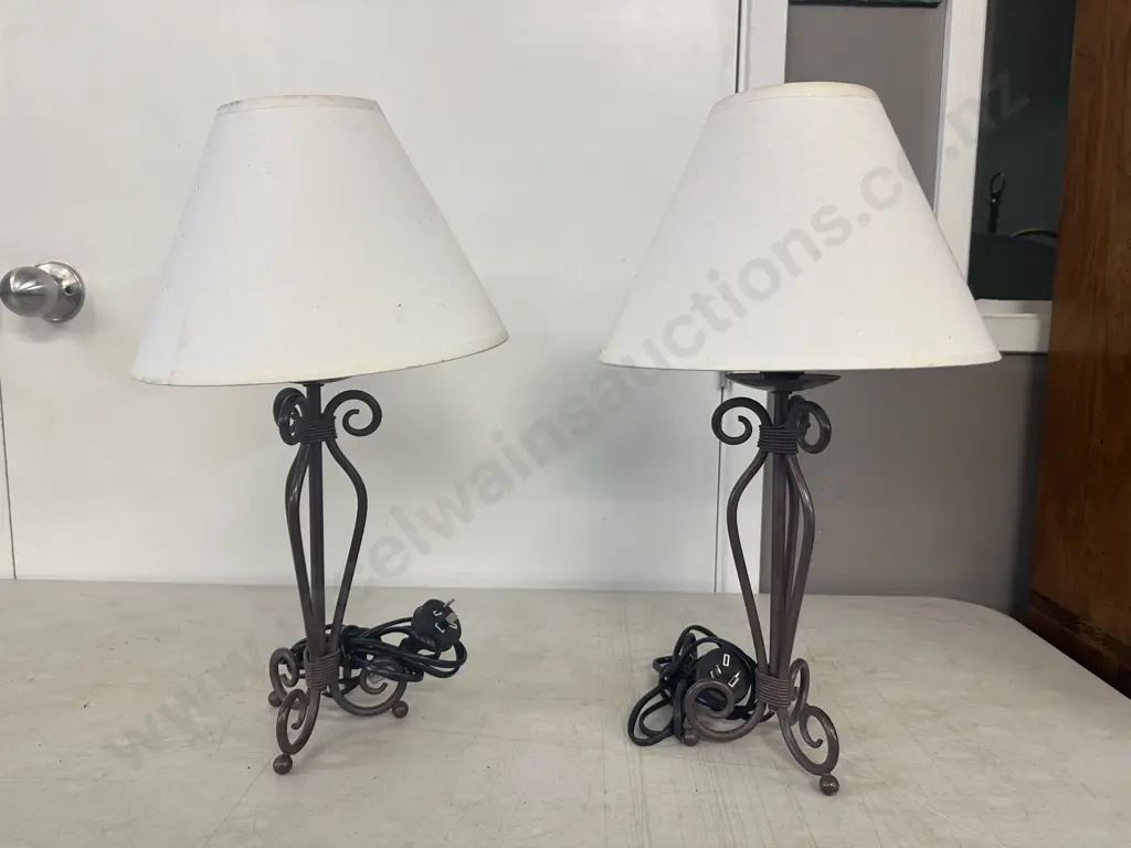 Pair of Table Lamps, Wrought Ornate Base & Cream Shades. H45cm Image 1++