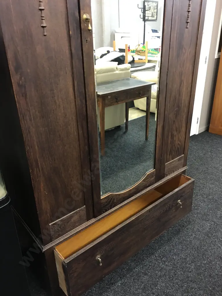 Dark Oak Wardrobe, Single Door With Bevelled Edge Mirror, Drawer At Base. Locked No Key Image 1++