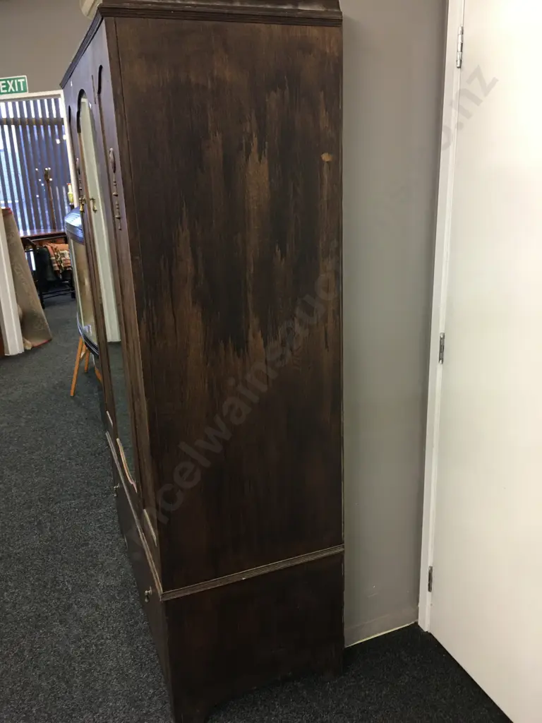 Dark Oak Wardrobe, Single Door With Bevelled Edge Mirror, Drawer At Base. Locked No Key Image 1++