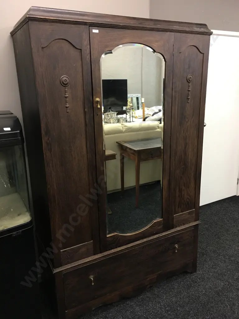 Dark Oak Wardrobe, Single Door With Bevelled Edge Mirror, Drawer At Base. Locked No Key Image 1++