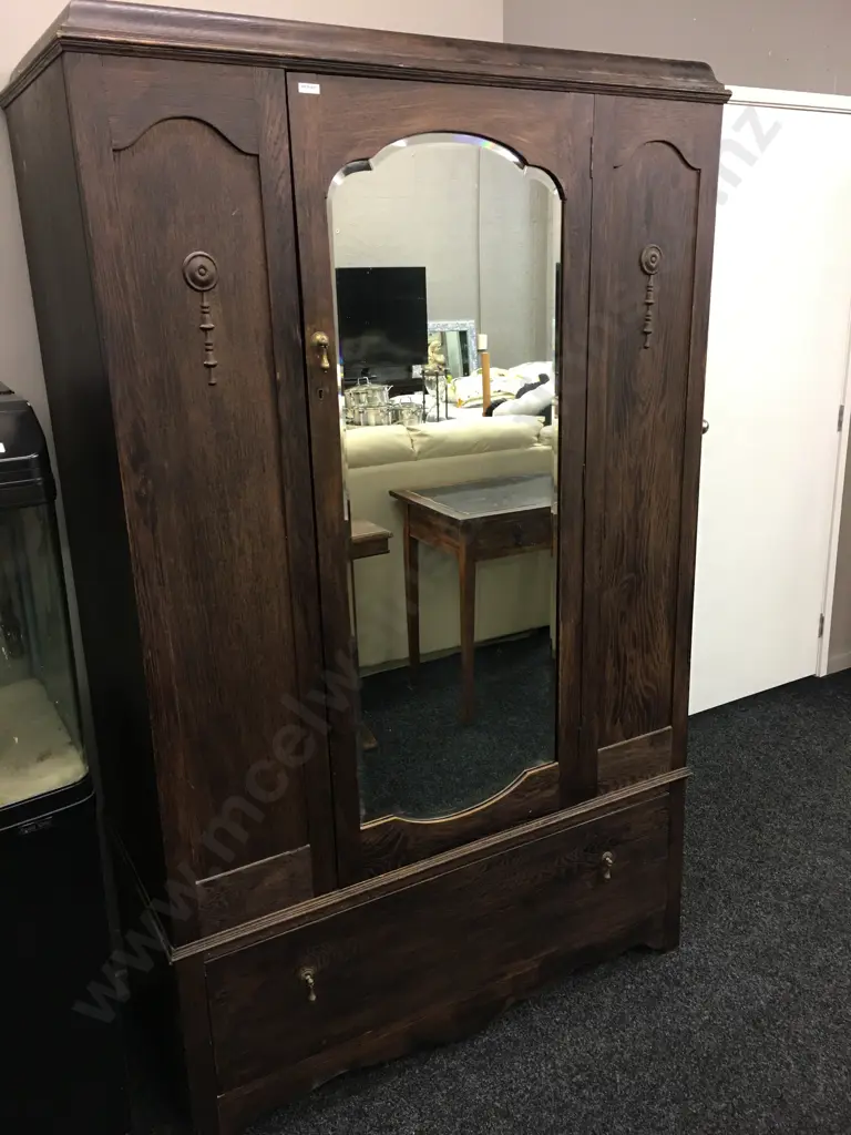 Dark Oak Wardrobe, Single Door With Bevelled Edge Mirror, Drawer At Base. Locked No Key Image 1++
