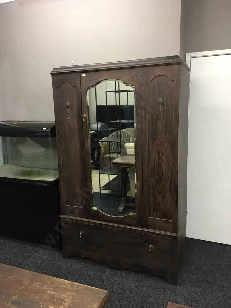 Dark Oak Wardrobe, Single Door With Bevelled Edge Mirror, Drawer At Base. Locked No Key Image 1++